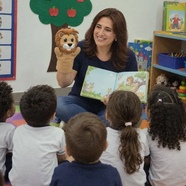 Luciana Fagundes contando história para crianças em sala de aula